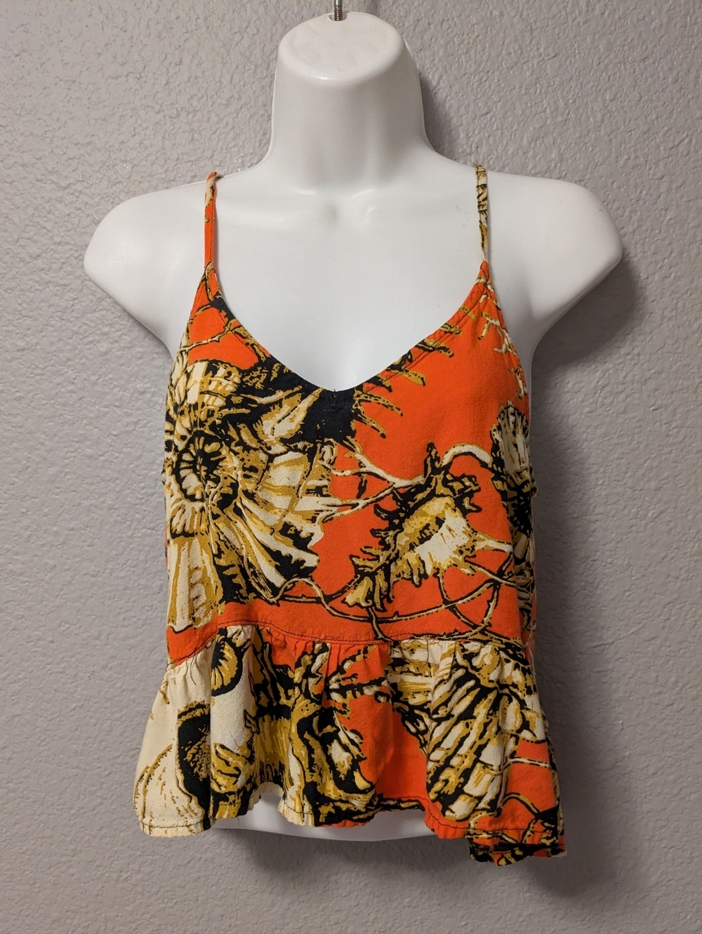 Zara Basic Orange Floral V-Neck Spaghetti Strap Camisole